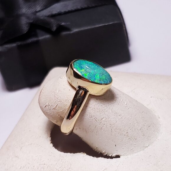Estate 10X6mm Oval Natural Boulder Opal Bezel Set 14Kt Y/Gold S-4.5 Ring #23148 - Picture 2 of 6